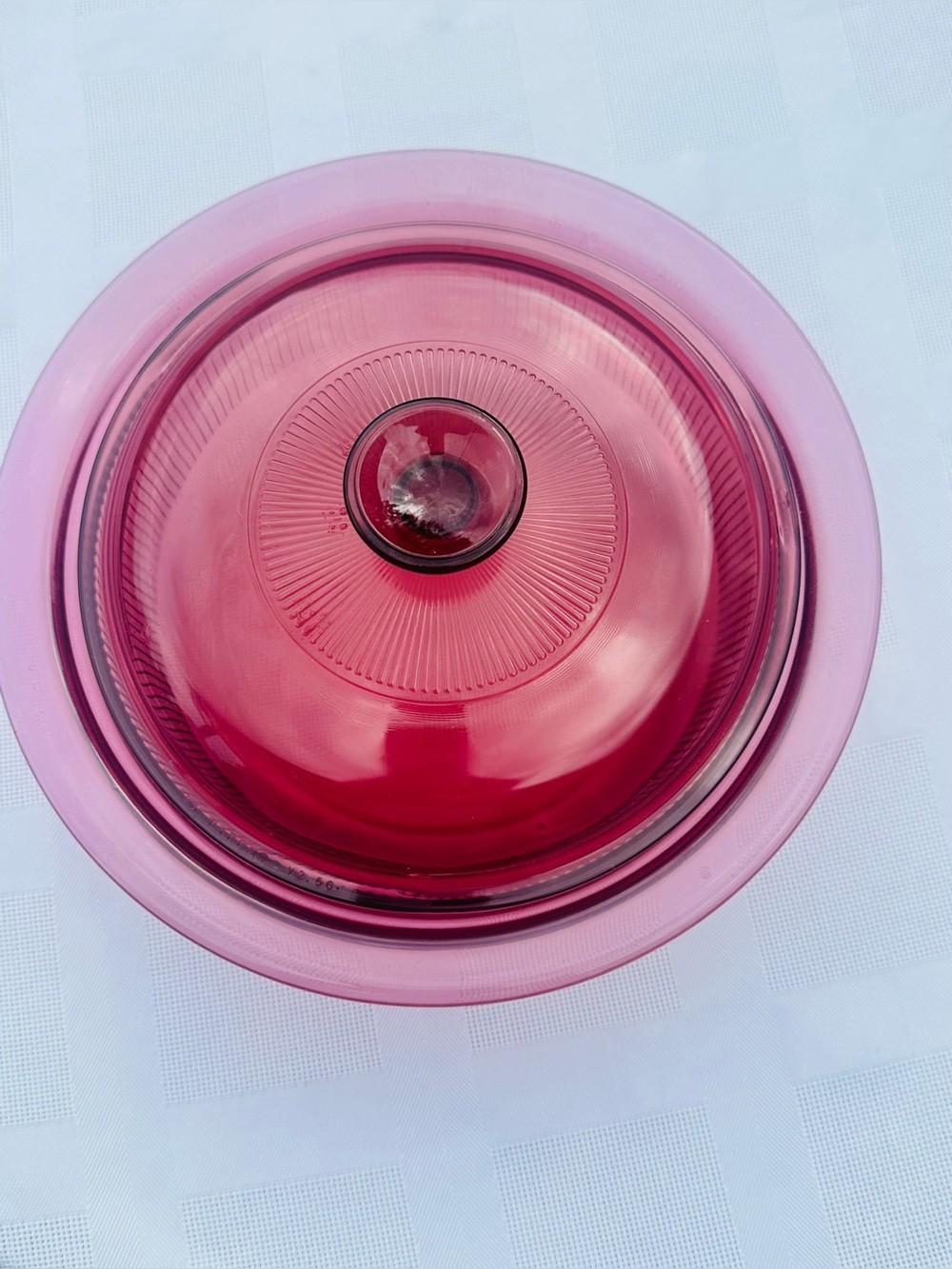 Vintage Pyrex Cranberry Glass Ribbed Casserole Dish with Lid 1.5qts USA